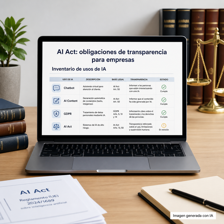 Ilustración generada con IA sobre transparencia del AI Act e inventario de usos de inteligencia artificial en empresa.
