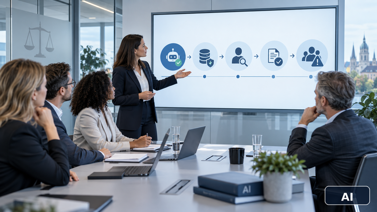 Equipo revisando un flujo de control para uso de IA en empresa con marca AI